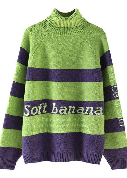 Cozy alphabet green knitwear Loose fitting high neck knitted t shirt - SooLinen