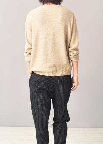 Cozy beige knit tops casual long sleeve  sweater patchwork - SooLinen
