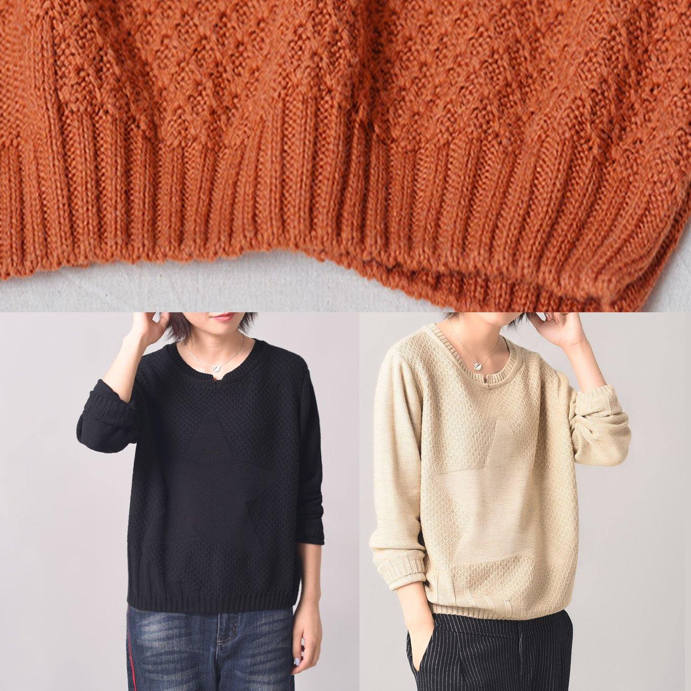 Cozy beige knit tops casual long sleeve  sweater patchwork - SooLinen