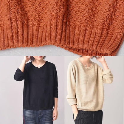 Cozy beige knit tops casual long sleeve  sweater patchwork - SooLinen