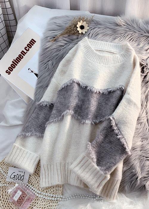 Cozy beige sweater tops fashion Loose fitting patchwork knit tops - SooLinen