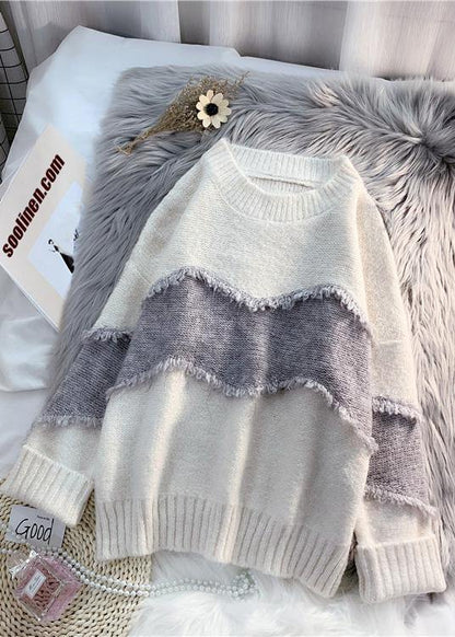 Cozy beige sweater tops fashion Loose fitting patchwork knit tops - SooLinen