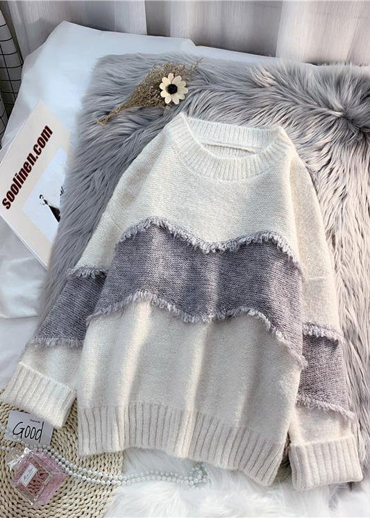 Cozy beige sweater tops fashion Loose fitting patchwork knit tops - SooLinen