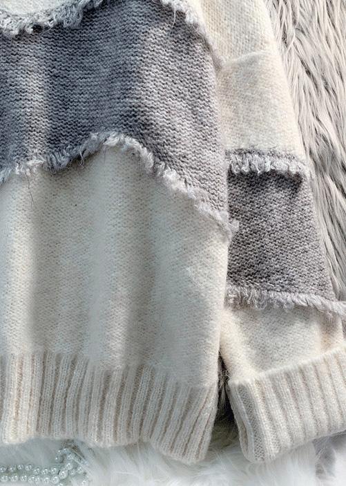 Cozy beige sweater tops fashion Loose fitting patchwork knit tops - SooLinen