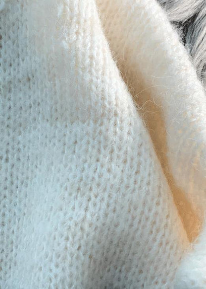 Cozy beige sweater tops fashion Loose fitting patchwork knit tops - SooLinen