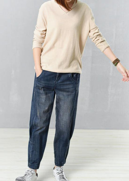 Cozy beige sweater trendy plus size autumn knitted v neck - SooLinen