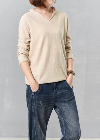 Cozy beige sweater trendy plus size autumn knitted v neck - SooLinen