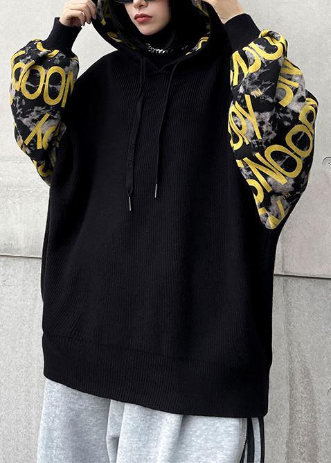 Cozy black Letter crane tops hooded fall fashion knitwear - SooLinen