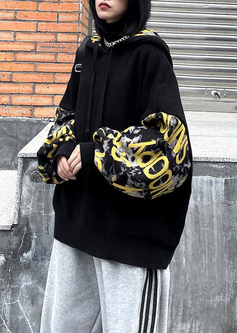 Cozy black Letter crane tops hooded fall fashion knitwear - SooLinen