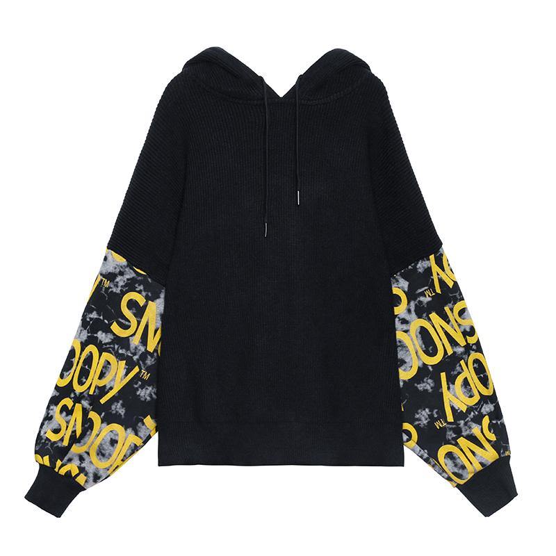 Cozy black Letter crane tops hooded fall fashion knitwear - SooLinen