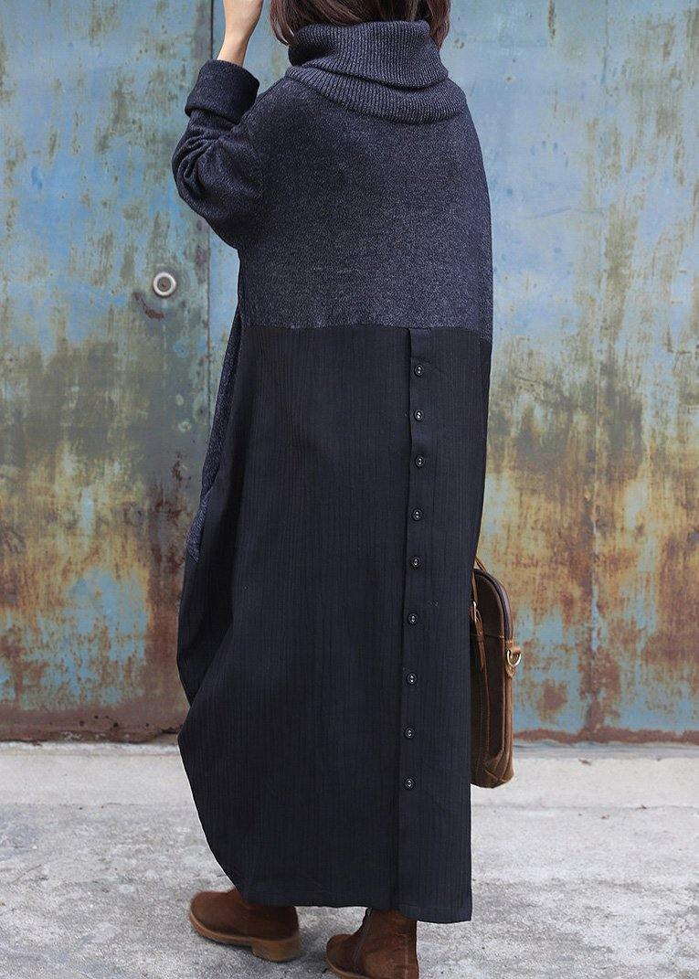 Cozy black gray Sweater dress outfit Upcycle patchwork Tejidos high neck knitwear - SooLinen