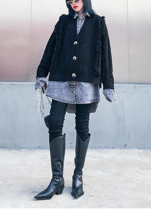 Cozy black knit coats plus size patchwork false two pieces knit sweat tops - SooLinen