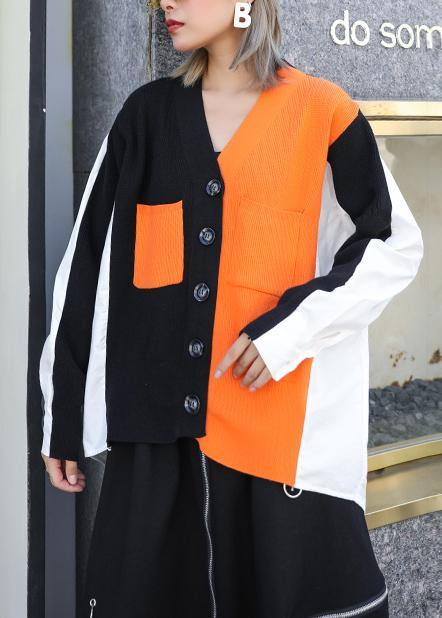 Cozy black patchwork knitted t shirt trendy plus size v neck Button knitwear - SooLinen