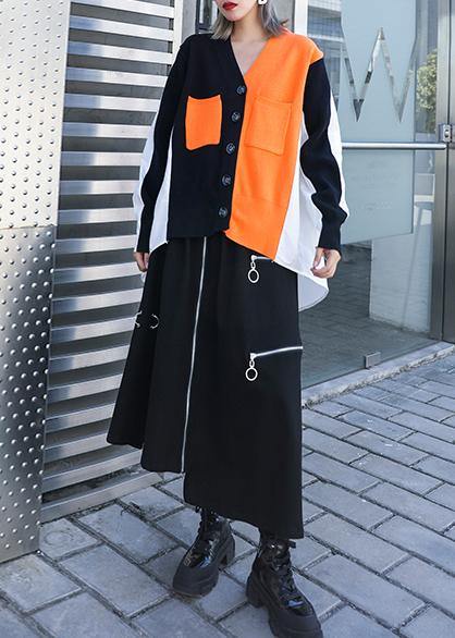 Cozy black patchwork knitted t shirt trendy plus size v neck Button knitwear - SooLinen