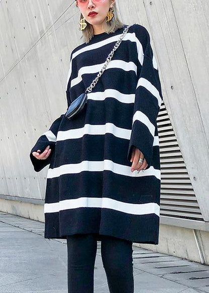 Cozy black white striped knitwear o neck baggy sweater tops - SooLinen