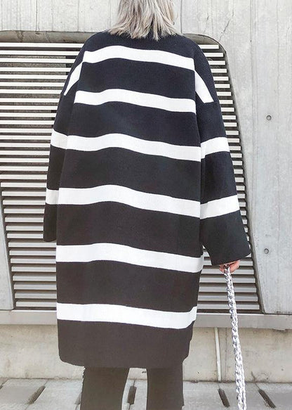 Cozy black white striped knitwear o neck baggy sweater tops - SooLinen