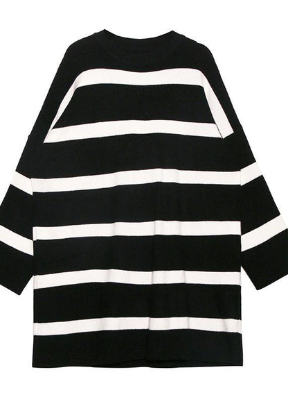 Cozy black white striped knitwear o neck baggy sweater tops - SooLinen