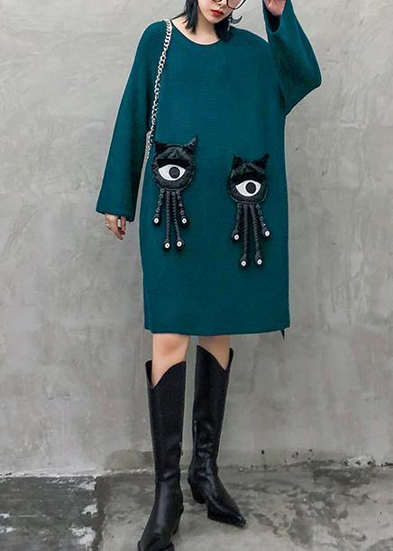 Cozy blue Sweater dress outfit o neck Three-dimensional decoration oversized knitwear - SooLinen