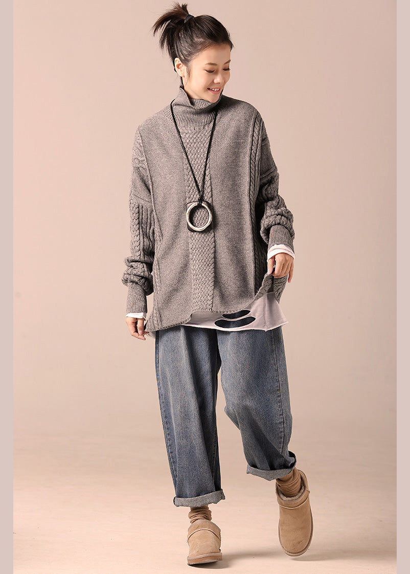 Gemütliches Baumwollpullover-Outfit mit Zitaten, hoher Halsausschnitt, graues Hipster-Stricktop, Frühlingskabel