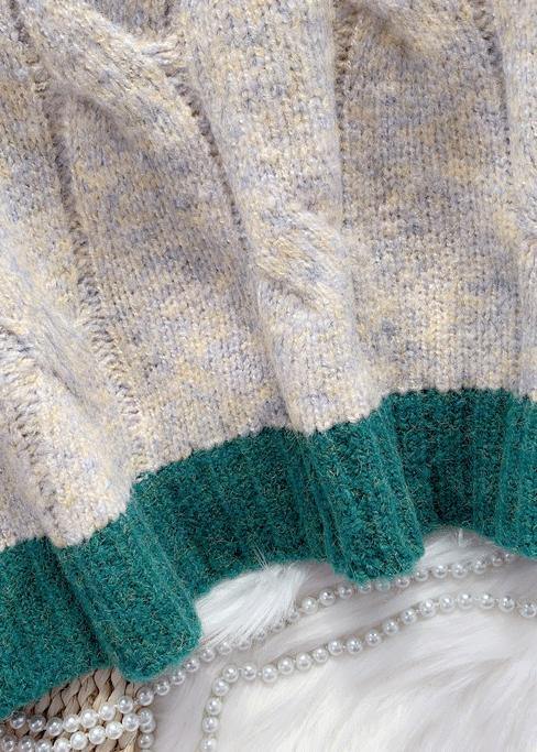 Cozy fall beige knit tops plus size high neck patchwork Blouse - SooLinen