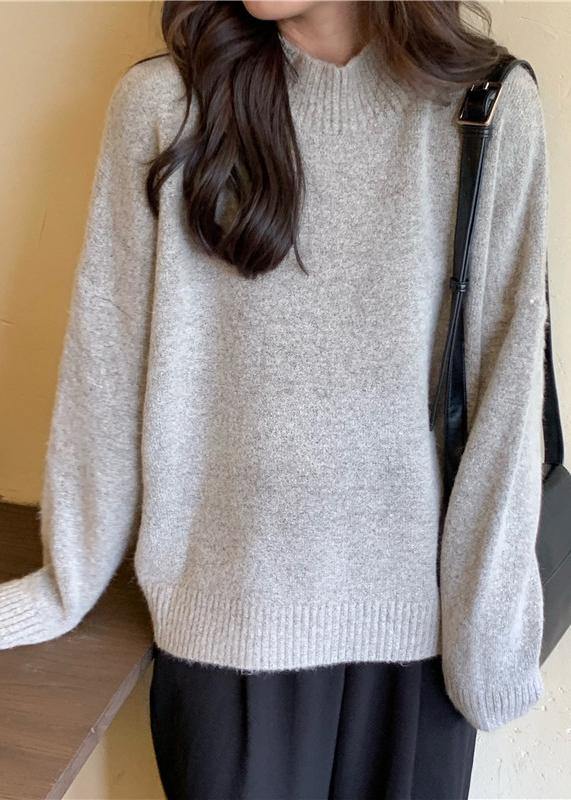 Cozy fall gray knit tops fall fashion high neck knit blouse - SooLinen