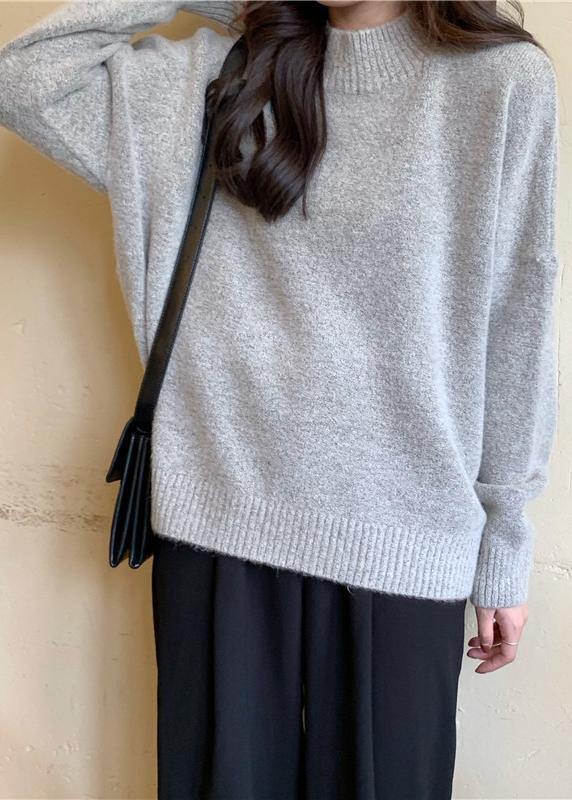 Cozy fall gray knit tops fall fashion high neck knit blouse - SooLinen