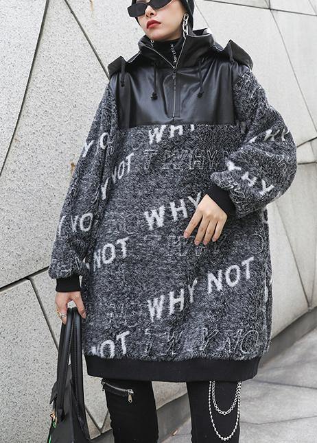 Cozy gray Letter knitted t shirt patchwork zippered casual knit tops - SooLinen