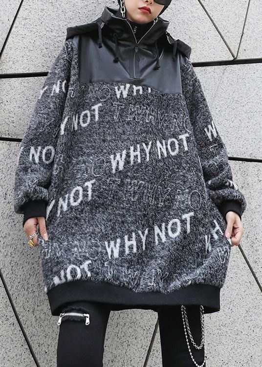 Cozy gray Letter knitted t shirt patchwork zippered casual knit tops - SooLinen