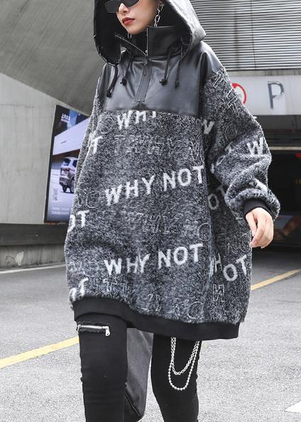 Cozy gray Letter knitted t shirt patchwork zippered casual knit tops - SooLinen