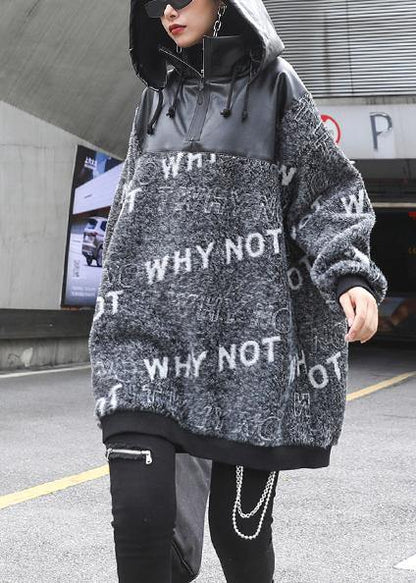 Cozy gray Letter knitted t shirt patchwork zippered casual knit tops - SooLinen