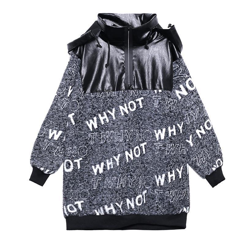 Cozy gray Letter knitted t shirt patchwork zippered casual knit tops - SooLinen