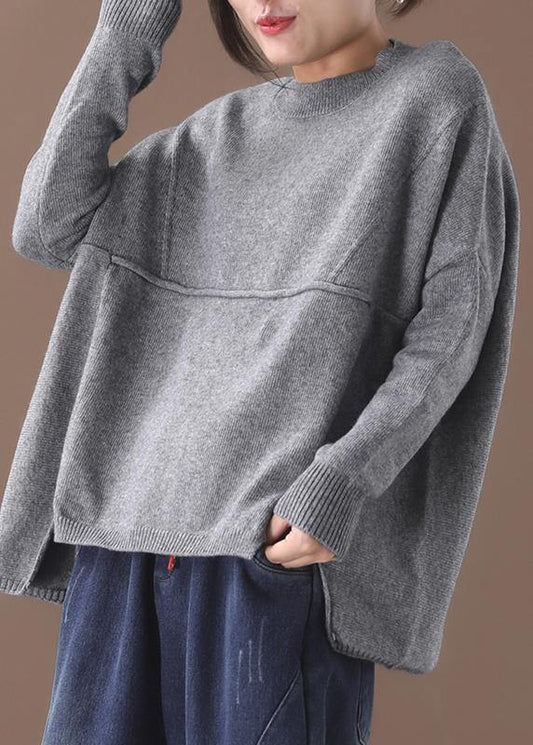 Cozy gray knit blouse oversized Batwing Sleeve sweaters asymmetric hem - SooLinen