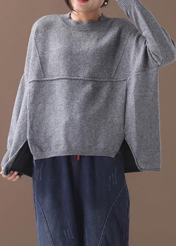 Cozy gray knit blouse oversized Batwing Sleeve sweaters asymmetric hem - SooLinen