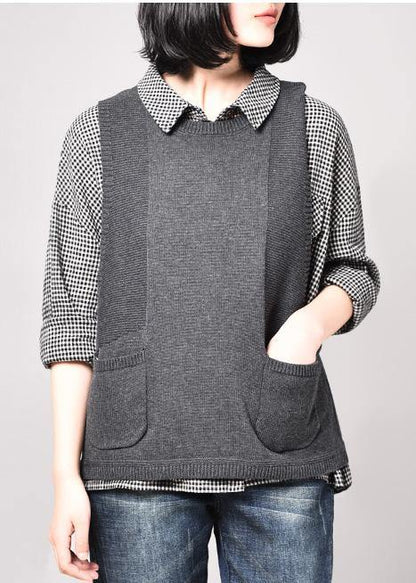 Cozy gray sleeveless knit coats Loose fitting pockets knitted coat o neck - SooLinen
