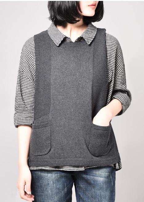 Cozy gray sleeveless knit coats Loose fitting pockets knitted coat o neck - SooLinen
