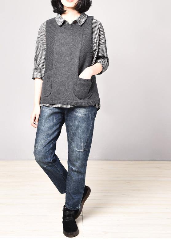 Cozy gray sleeveless knit coats Loose fitting pockets knitted coat o neck - SooLinen