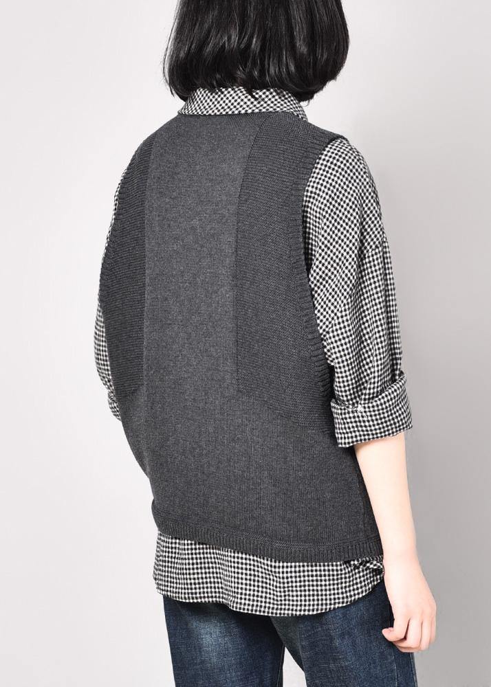 Cozy gray sleeveless knit coats Loose fitting pockets knitted coat o neck - SooLinen