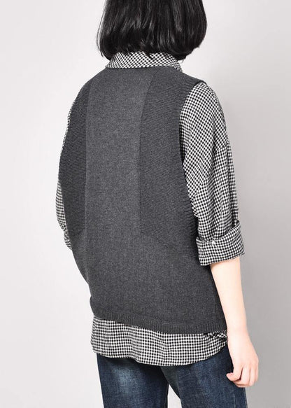 Cozy gray sleeveless knit coats Loose fitting pockets knitted coat o neck - SooLinen