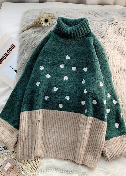 Cozy green Heart print knitted t shirt high neck patchwork oversize knitwear - SooLinen
