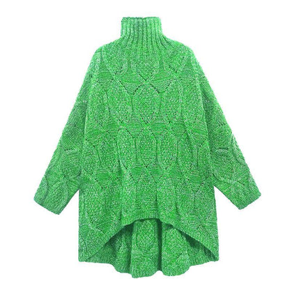 Cozy green knitwear plus size high neck low high design knit top silhouette - SooLinen