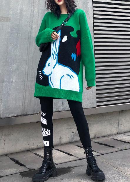 Cozy green print clothes For Women plus size clothing o neck knitwear - SooLinen