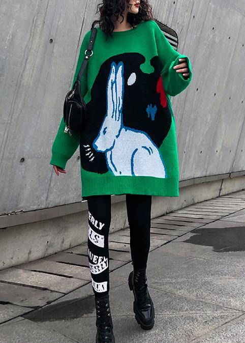 Cozy green print clothes For Women plus size clothing o neck knitwear - SooLinen