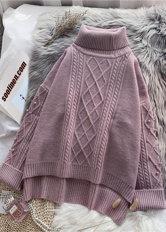 Cozy high neck beige knitwear  spring fashion low high design knit tops - SooLinen