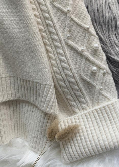 Cozy high neck beige knitwear  spring fashion low high design knit tops - SooLinen