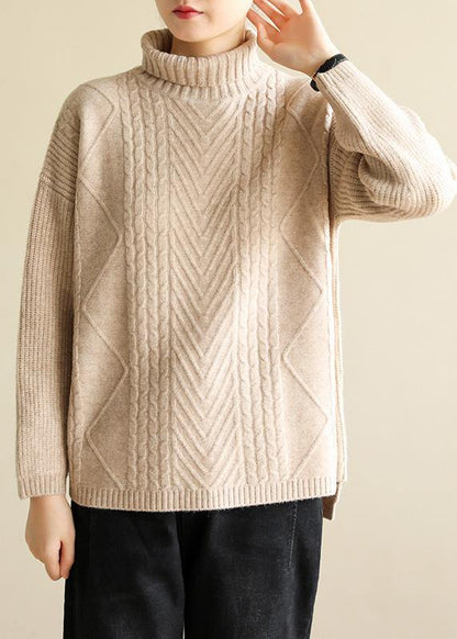 Cozy high neck nude knitwear plus size cable knitted clothes - SooLinen