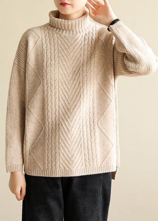 Cozy high neck nude knitwear plus size cable knitted clothes - SooLinen