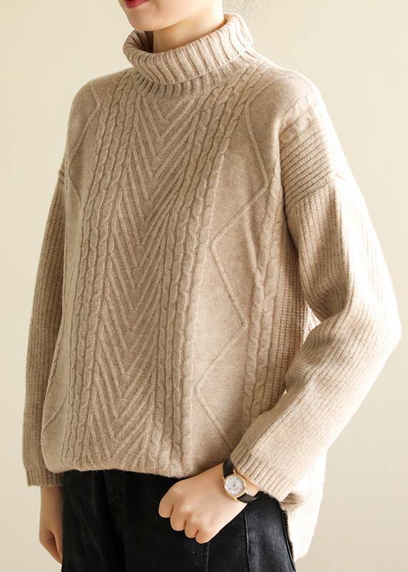 Cozy high neck nude knitwear plus size cable knitted clothes - SooLinen
