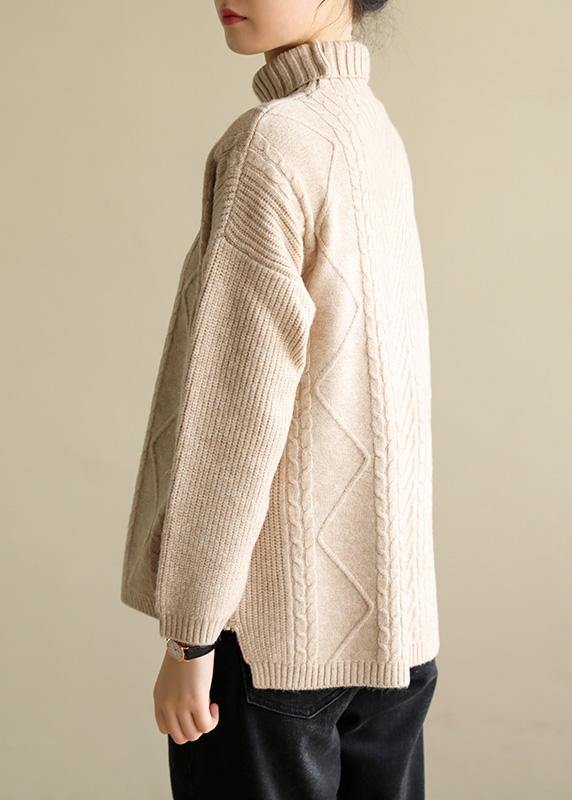 Cozy high neck nude knitwear plus size cable knitted clothes - SooLinen
