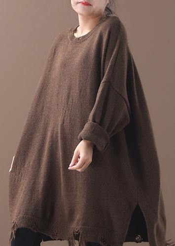 Cozy khaki box top Loose fitting Batwing Sleeve sweaters hem Hole - SooLinen