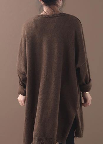 Cozy khaki box top Loose fitting Batwing Sleeve sweaters hem Hole - SooLinen